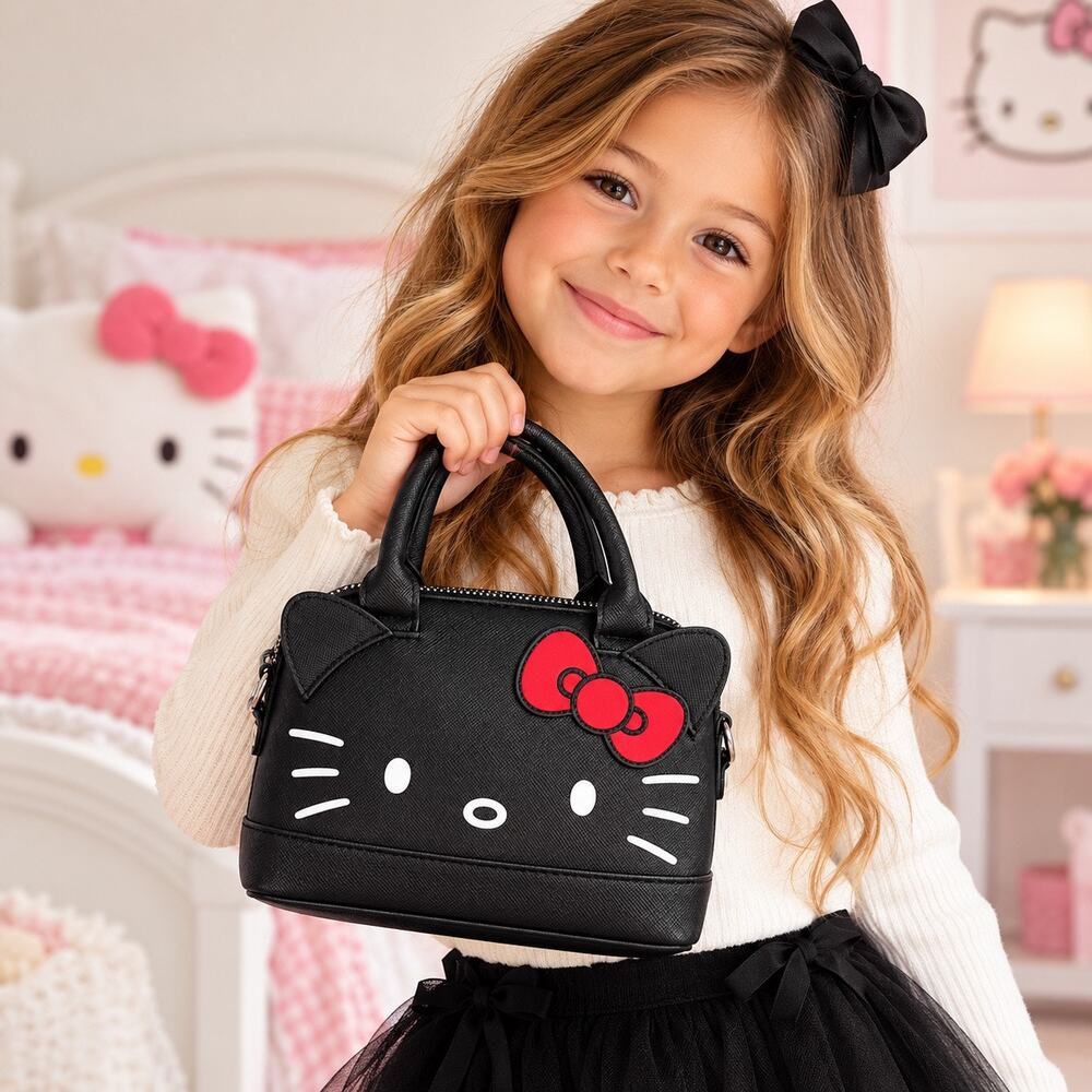 Hello Kitty Girls Mini Handbag Black Red Bow Cat Ear Top Handle Purse